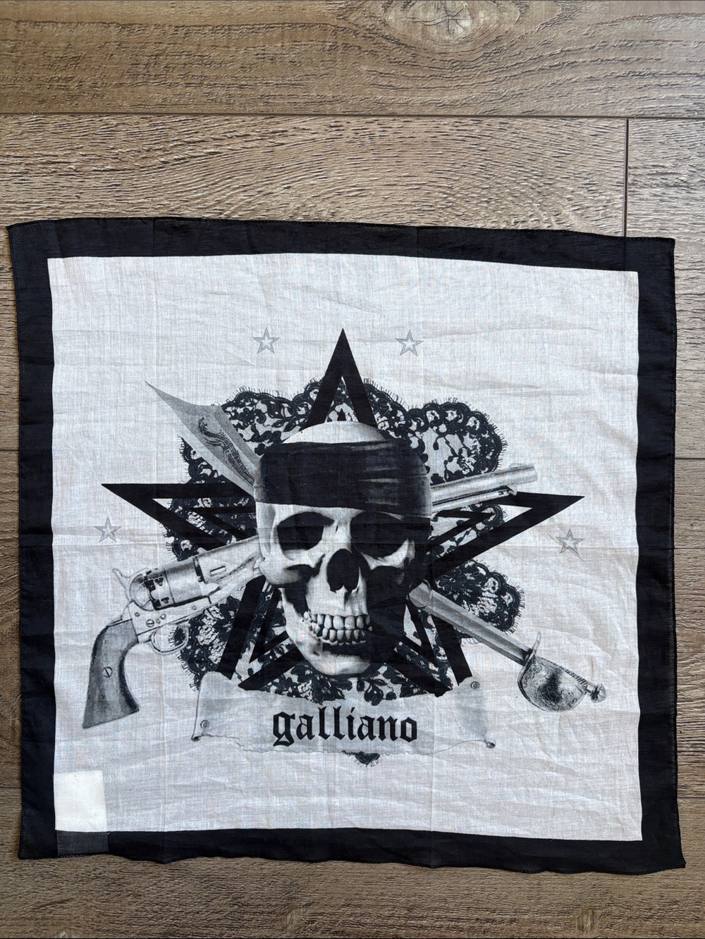 Vintage John Galliano Black & White Pirate Skull Bandana Scarf w Lace Print
